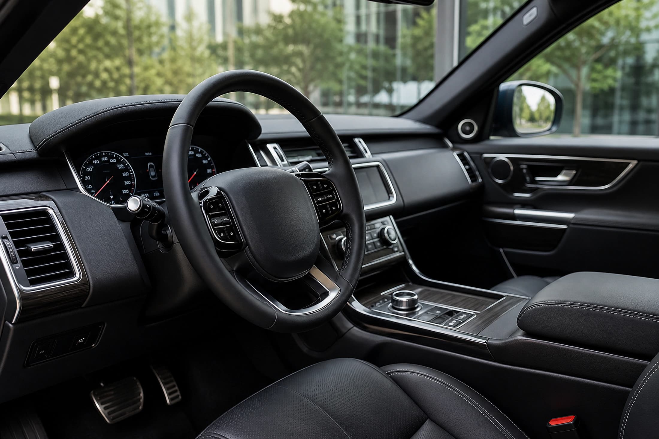 Premium black leather and wood-trim vehicle interior